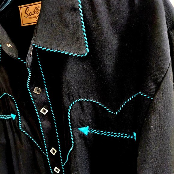 Vintage Scully Gunfighter Men's Western Button Down black w/teal piping. - Picture 5 of 7